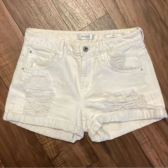 GUESS Women's Boy Fit Destroyed Denim Shorts Off-white Size‎ 25 - Picture 2 of 13